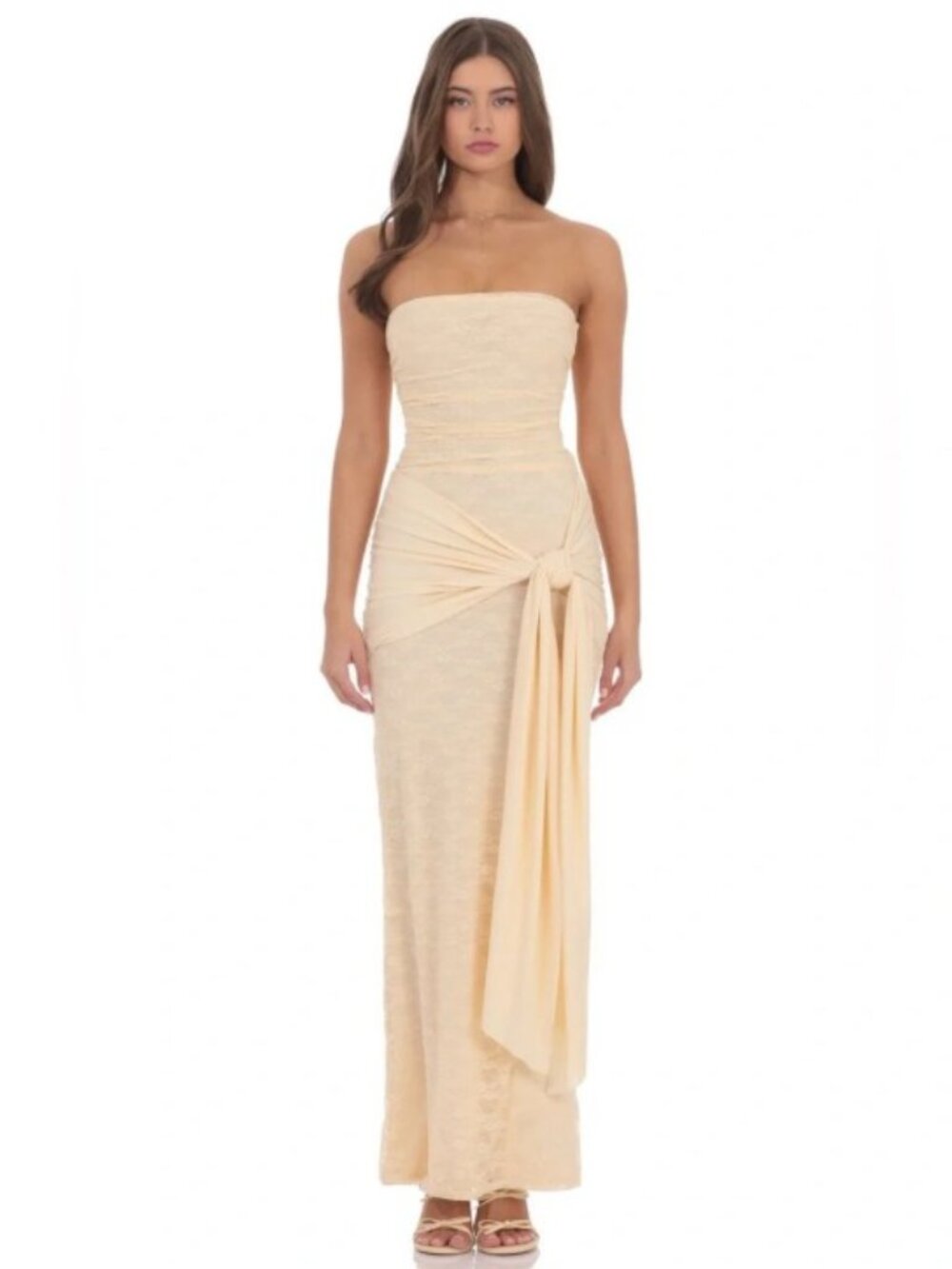 Lucy In The Sky Strapless Lace Tassel Wrap Maxi Dress in Vanilla